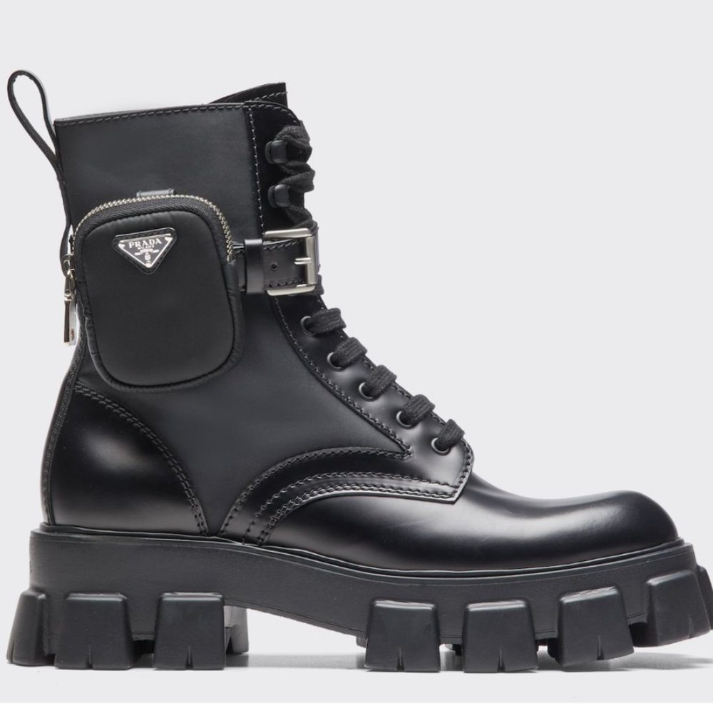 SOLD! NEW WITH BOX!! Prada Monolith leather and Re-Nylon boots with pouches